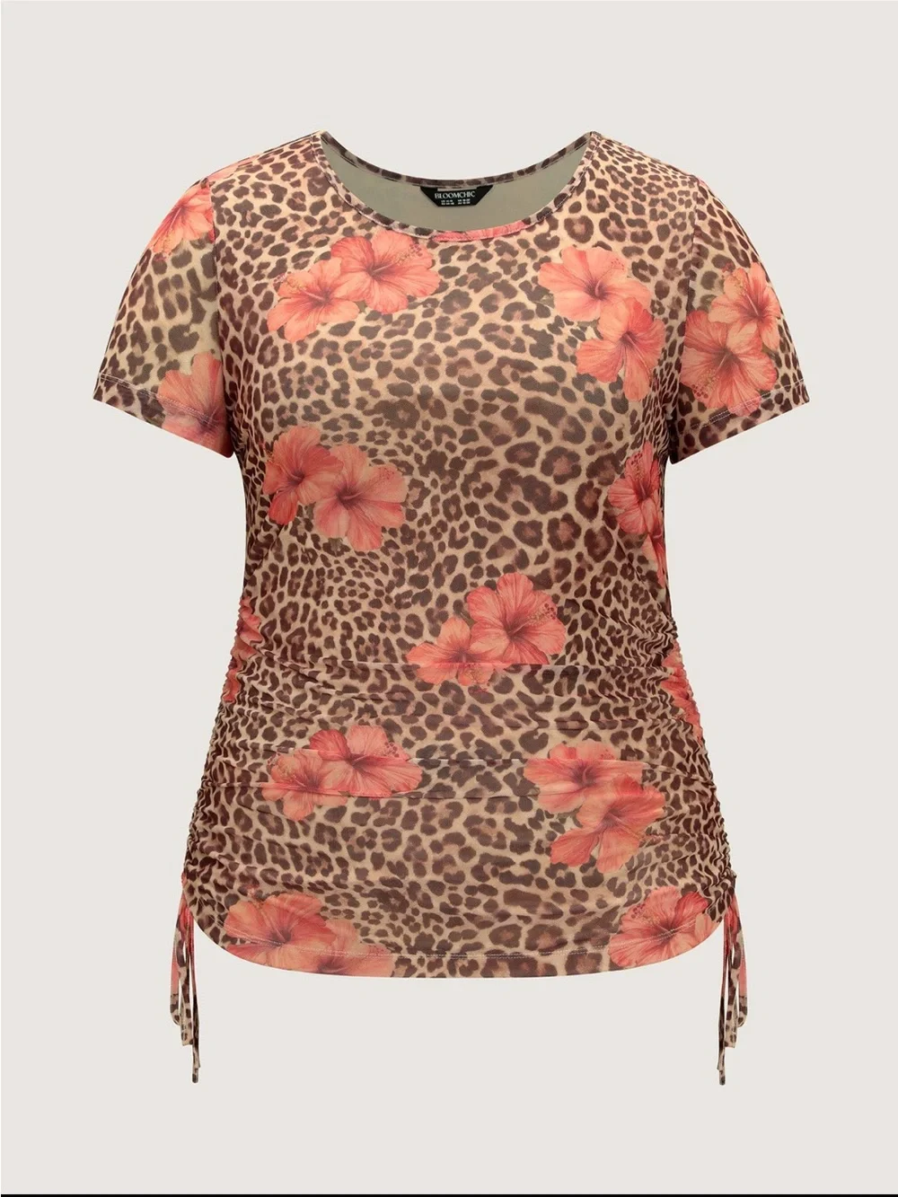 Leopard Floral Print Short Sleeve Top in Brown and Coral size 1X (14-16)